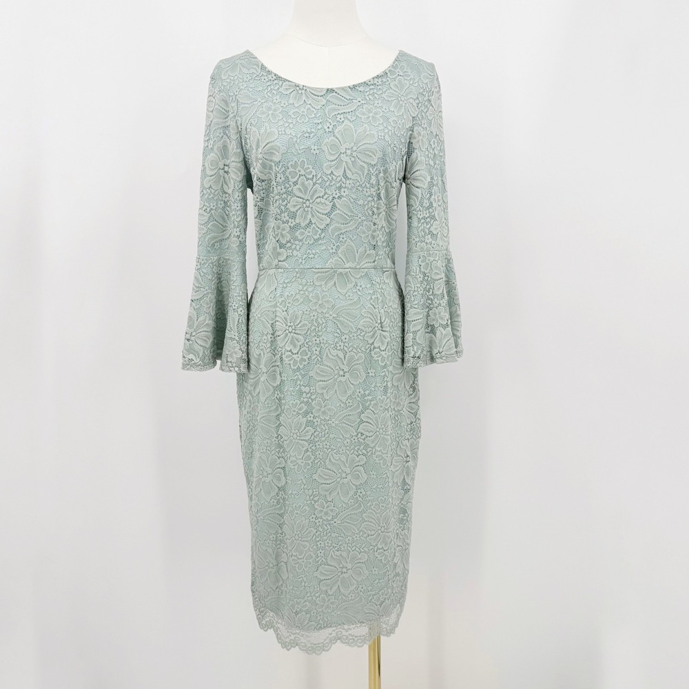 Mikarose Lace Sheath Dress Pastel Green Bell Sleeve Midi S Stretch Cottagecore